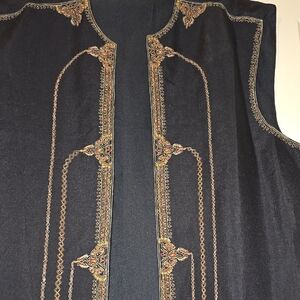 Denim Emdroidered Long Vest Side Slits